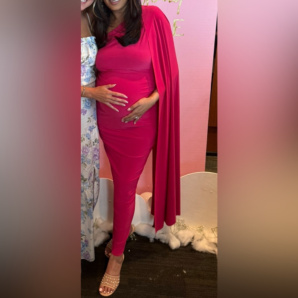Hot pink maternity one shoulder maxi dress with cape sleeve